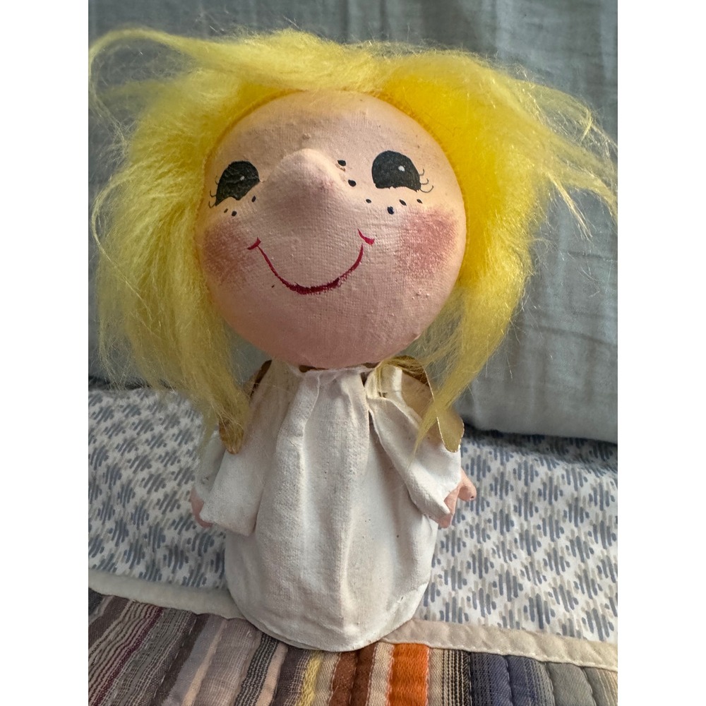 Vintage Handmade Angel Doll Yellow Hair Folk Art Hand Painted JL 179 8.5 Inch